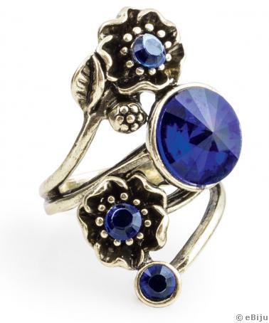 Absztrakt virág gyűrű, kék kristályokkal, ezüstszínű fémből