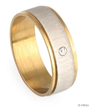 Arany-ezüst színű rozsdamentes acél gyűrű, kristállyal