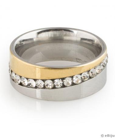 Arany-ezüst színű, rozsdamentes acél gyűrű, sor kristályokkal