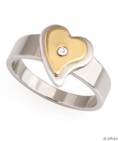 Arany-ezüstszínű szív gyűrű fehér kristállyal