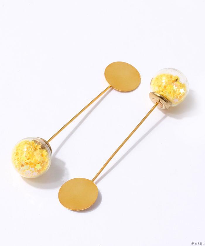 Aranyszínű bross tű alap, aranyszínű csillagos üveggömb, 5.5 cm