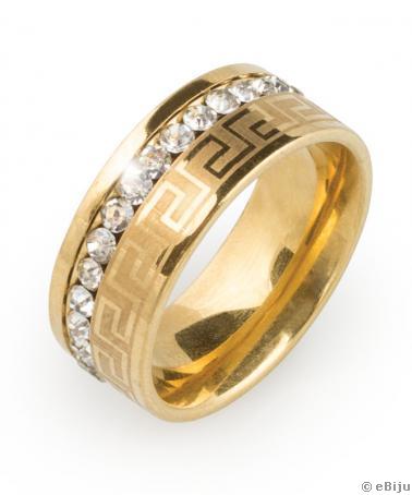 Aranyszínű gyűrű, görög motívumokkal és kristályokkal