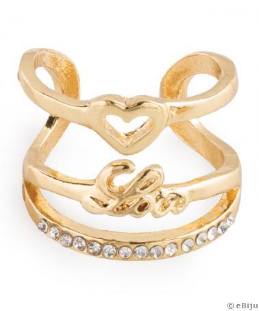 Aranyszínű Love gyűrű, szívecskével és kristályokkal