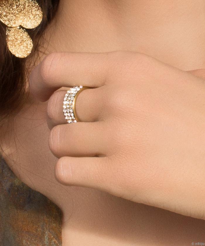 Aranyszínű rozsdamentes acél gyűrű, három sor kristállyal