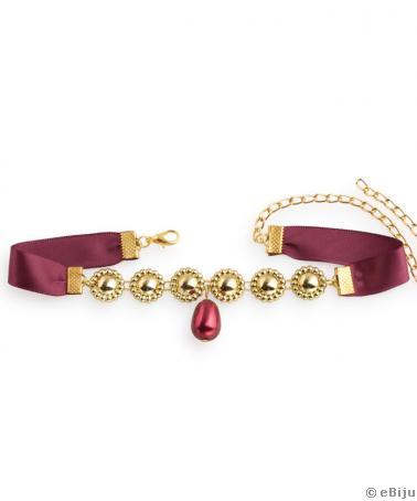 Aranyszínű virágos choker, bordó szaténnal