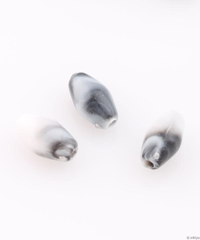 Bikónikus akril gyöngy, fehér-szürke, hosszúkás forma, 0.5 x 0.9 cm
