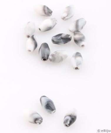 Bikónikus akril gyöngy, fehér-szürke, hosszúkás forma, 0.5 x 0.9 cm