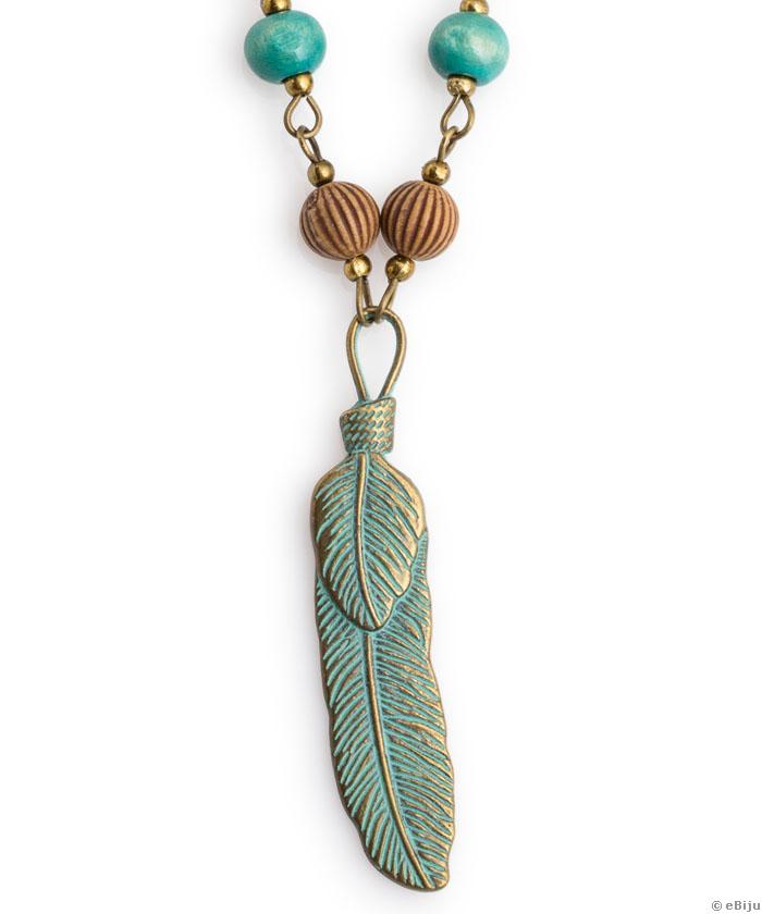 Bronzszínű nyaklánc, antikolt türkizkék toll medállal