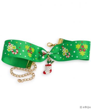 Choker típusú nyakék, zöld textil szalag karácsonyi szimbólumokkal
