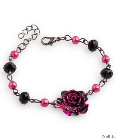 Ciklámen-rózsaszín-fekete rózsás karkötő