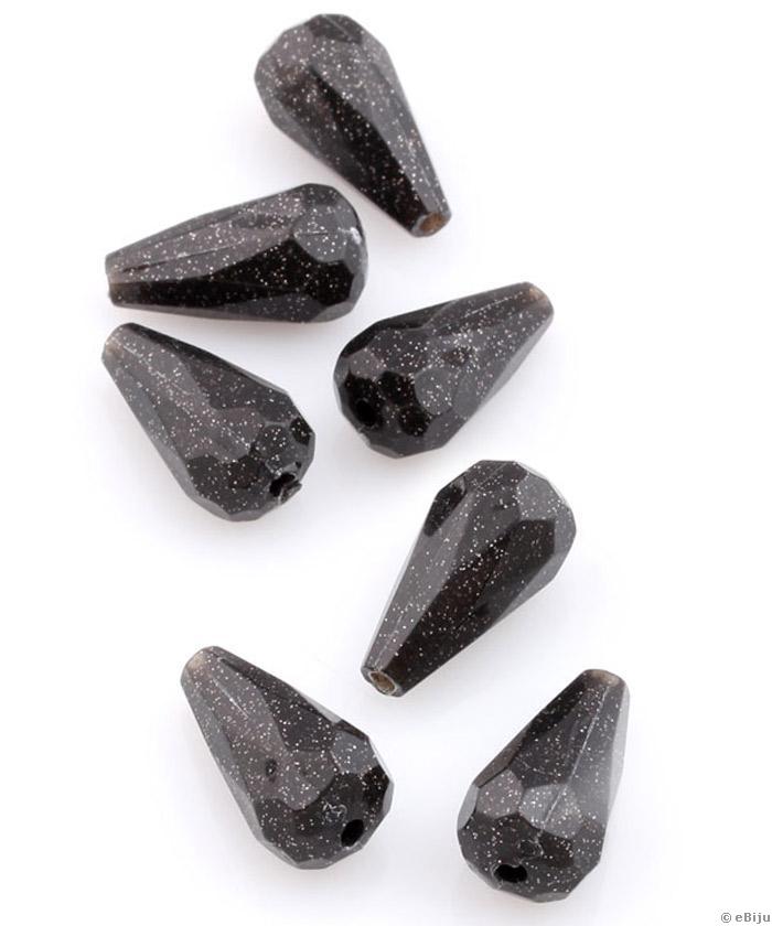 Csillámos akril gyöngy, fekete, csepp forma, 1.8 x 2.4 cm