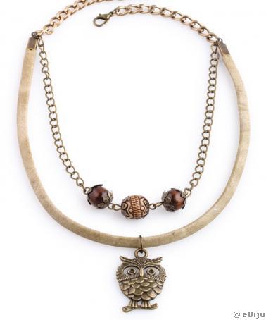Duplasoros nyakék természetbarát bőrből, bronzszínű fém bagoly medállal