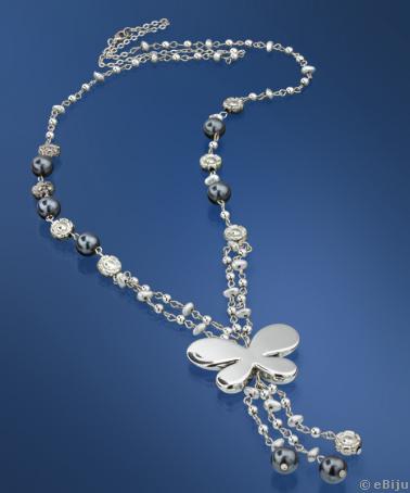 Ezüst színű pillangó nyaklánc, szürke üveggyöngyökkel