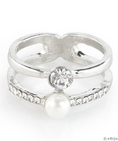 Ezüstszínű dupla gyűrű, kristályokkal és üveggyönggyel
