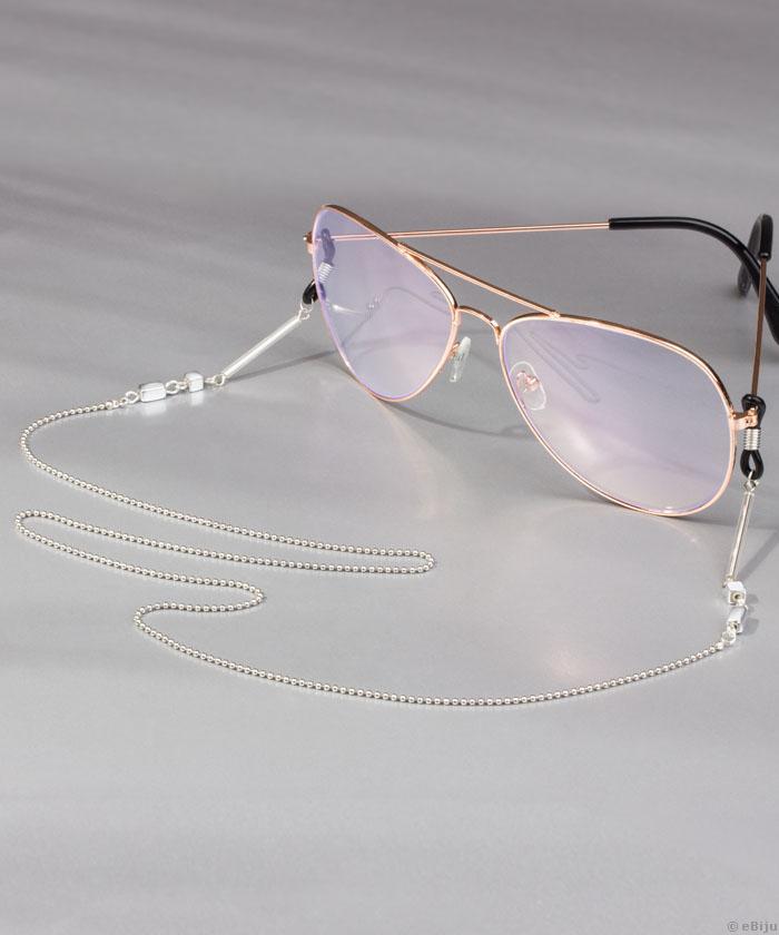 Ezüstszínű szemüvegtartó lánc, üveg- és akril gyöngyökkel