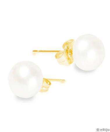 Fehér tenyésztett gyöngy fülbevaló, aranyszínű tűvel, 0.6 cm