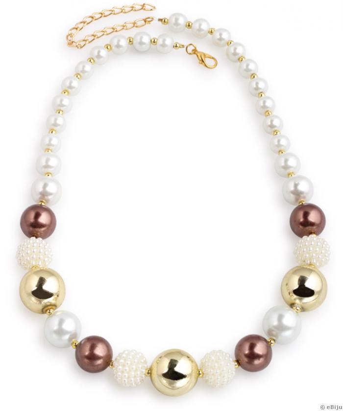 Fehér üveggyöngyös nyakék, arany- és rézszínű akril gyöngyökkel