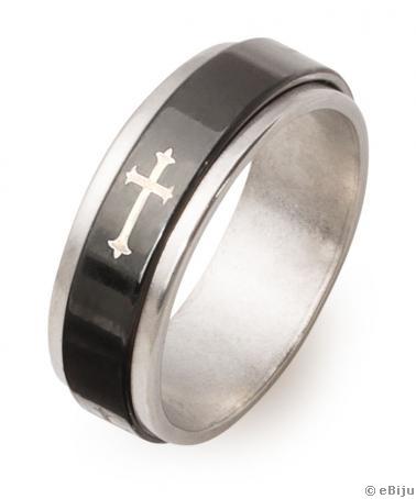 Fekete-, ezüstszínű antistressz gyűrű kereszttel,rozsdamentes acél