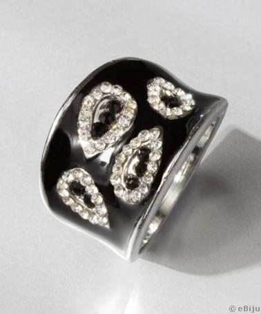 Fekete gyűrű fehér, könnycsepp alakban kirakott kristályokkal