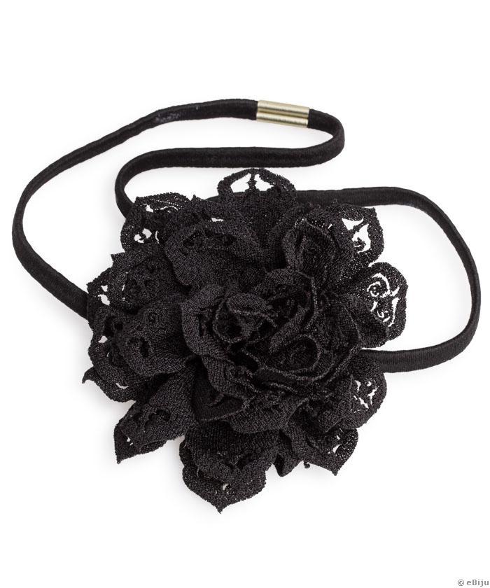 Fekete textil rózsás, elasztikus hajpánt