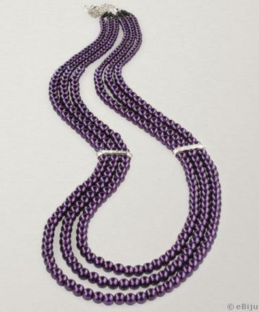 Háromsoros, lila üveggyöngy nyaklánc fehér strasszokkal