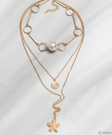 Háromsoros nyaklánc, rózsaszín-aranyszínű fémből