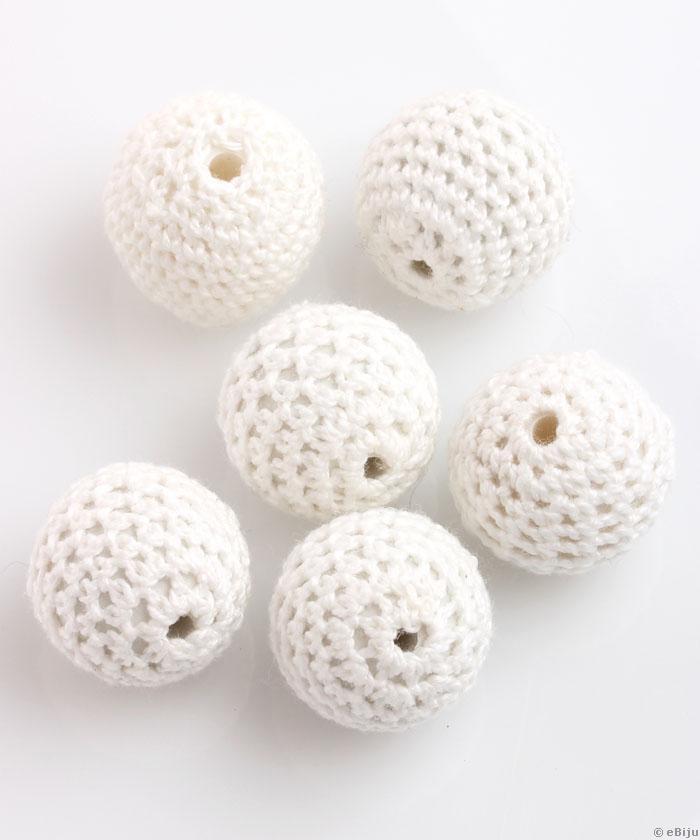 Horgolt textil anyaggal bevont gyöngy, fehér, gömb forma, 2.1 cm