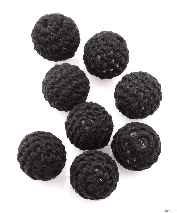 Horgolt textil anyaggal bevont gyöngy, fekete, gömb forma, 1.5 cm