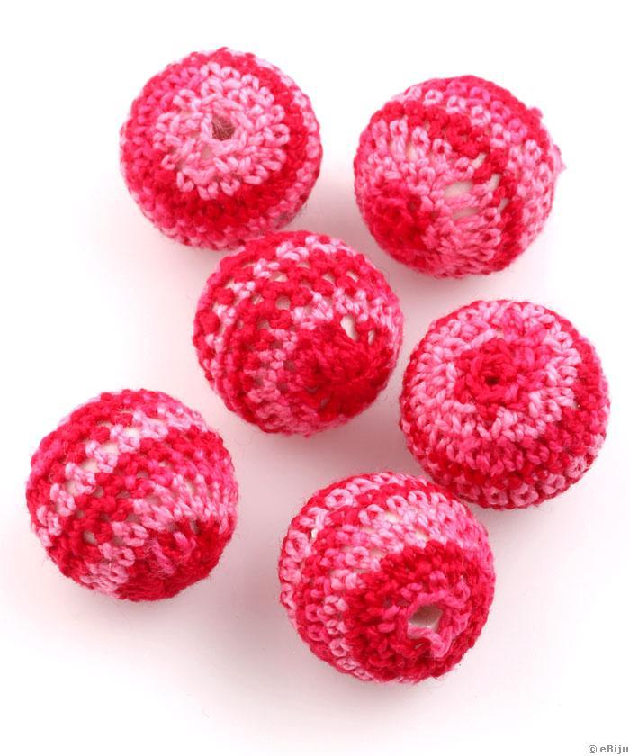 Horgolt textil anyaggal bevont gyöngy, piros-rózsaszín, gömb forma, 2.1 cm