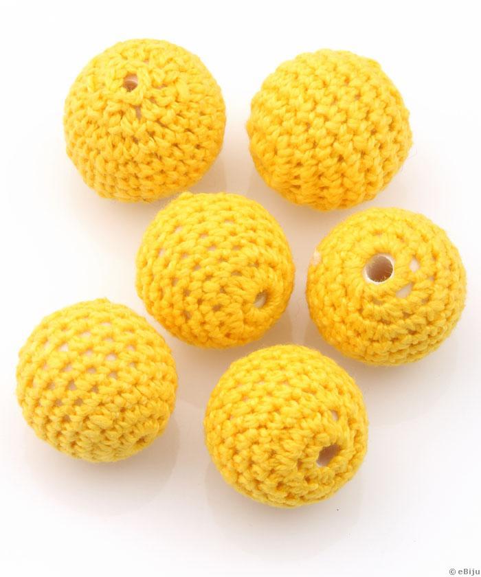 Horgolt textil anyaggal bevont gyöngy, sárga, gömb forma, 2.1 cm