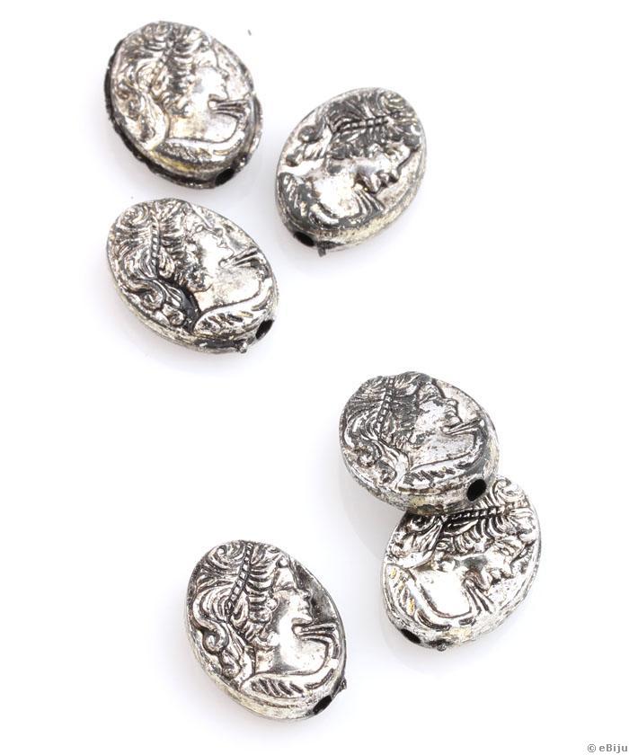 Kámea akril gyöngy, antikolt ezüstszínű, ovális forma, 1.3 x 1.8 cm