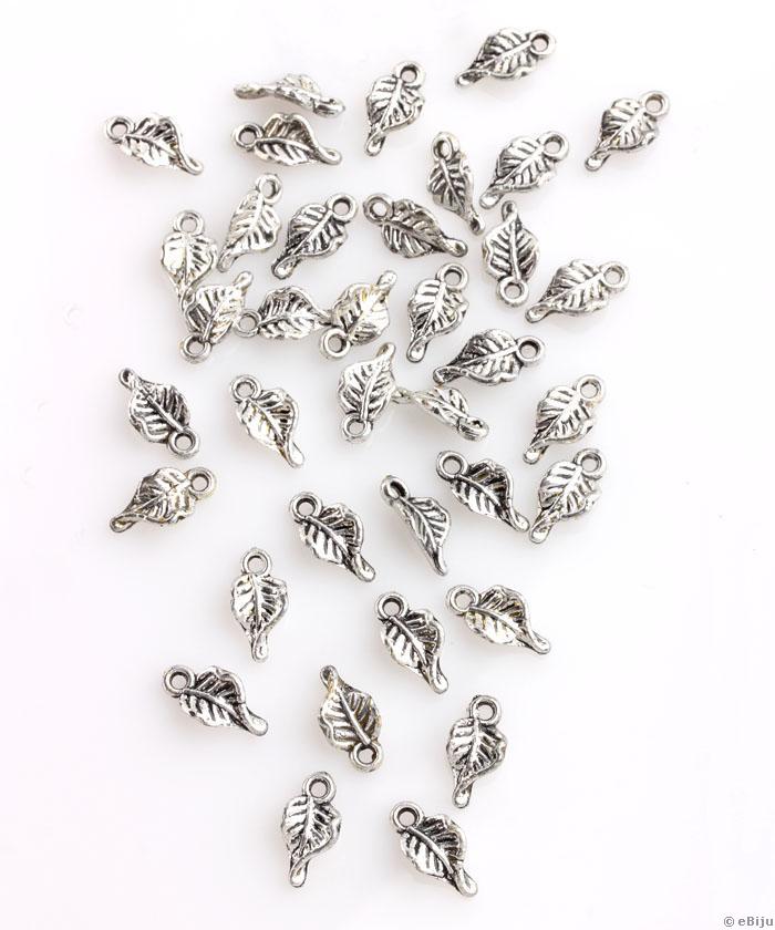 Levél függő dísz, antikolt ezüstszínű akril, 0.7 x 1.4 cm