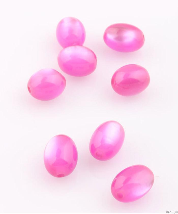 Műgyanta gyöngy, fukszia-rózsaszín, ovális forma, 1 x 1.2 cm
