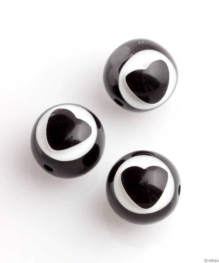 Műgyanta gyöngy, szívecskékkel, fekete-fehér, gömb forma, 1.7 cm