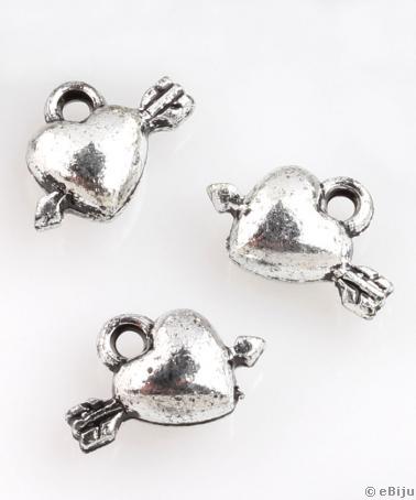 Nyílvesszővel átlőtt szív függő dísz, ezüstszínű akril, 1.3 x 1 cm