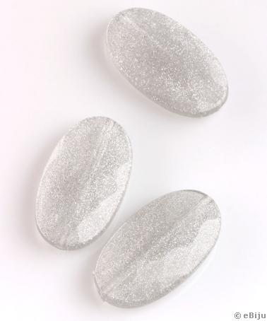 Ovális akril gyöngy, fazettált, világosszürke, 2 x 3.5 cm