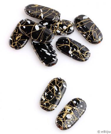 Ovális akril gyöngy, fekete, fehér és aranyszínű, 1.5 x 3 cm