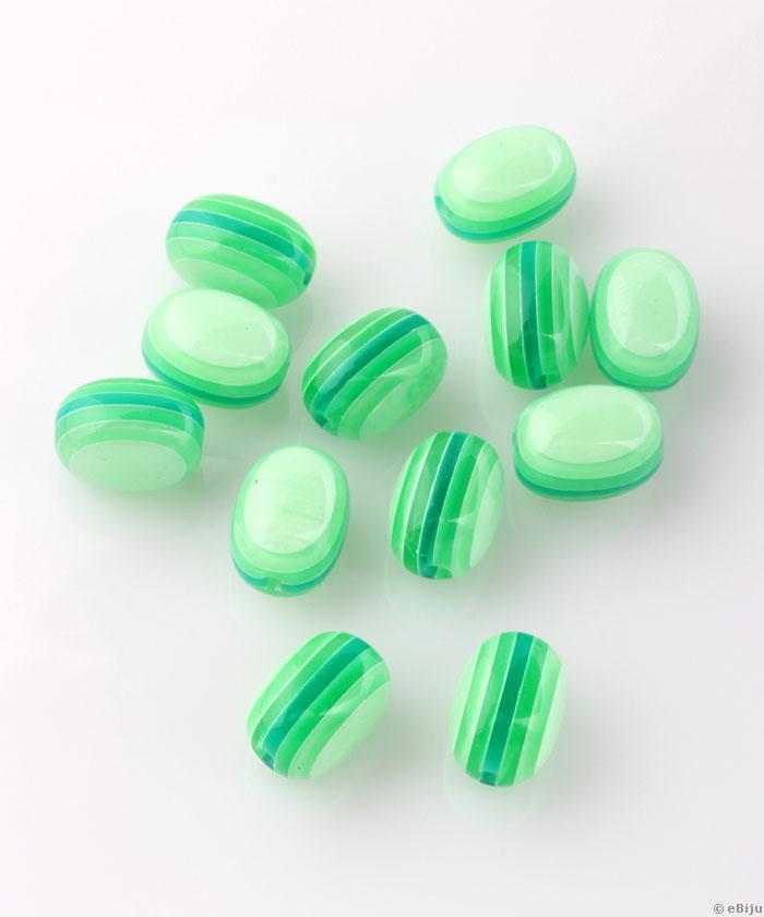 Ovális műgyanta gyöngy, csíkos, zöld, 1 x 1.3 cm