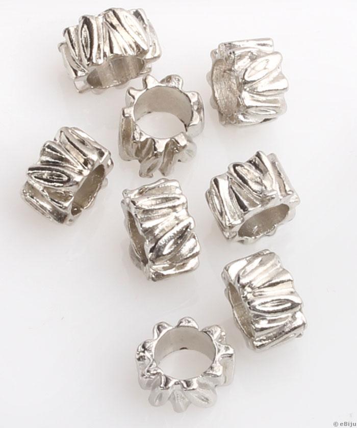 Pandora típusú gyöngy, vésett henger forma, ezüstszínű, 0.9 cm