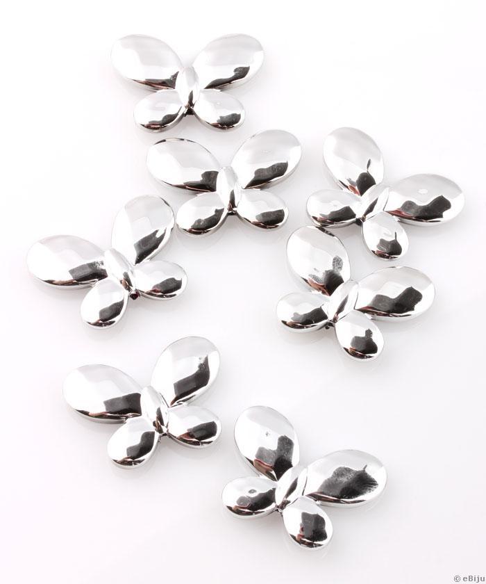 Pillangó akril gyöngy, fazettált, ezüstszínű, 3 x 2.3 cm