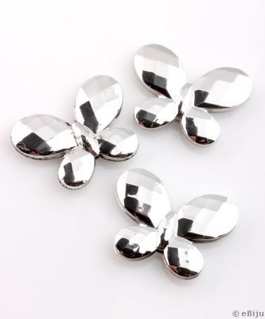 Pillangó akril gyöngy, fazettált, ezüstszínű, 3.8 x 2.9 cm
