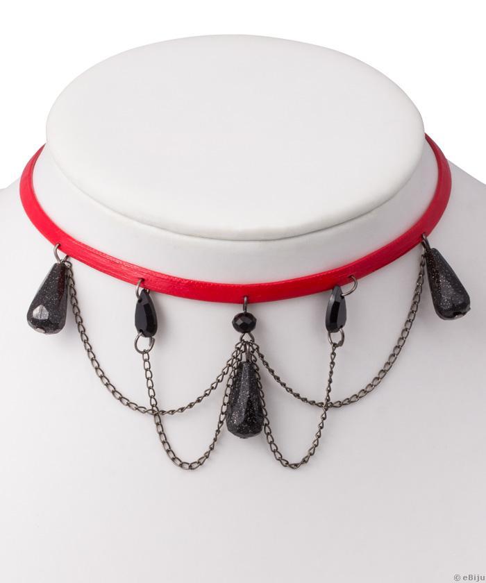 Piros choker, kristályokkal és lánccal