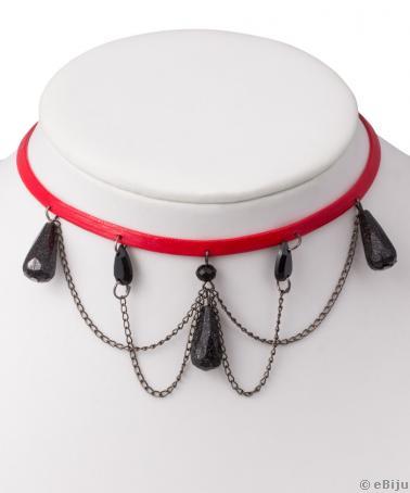 Piros choker, kristályokkal és lánccal