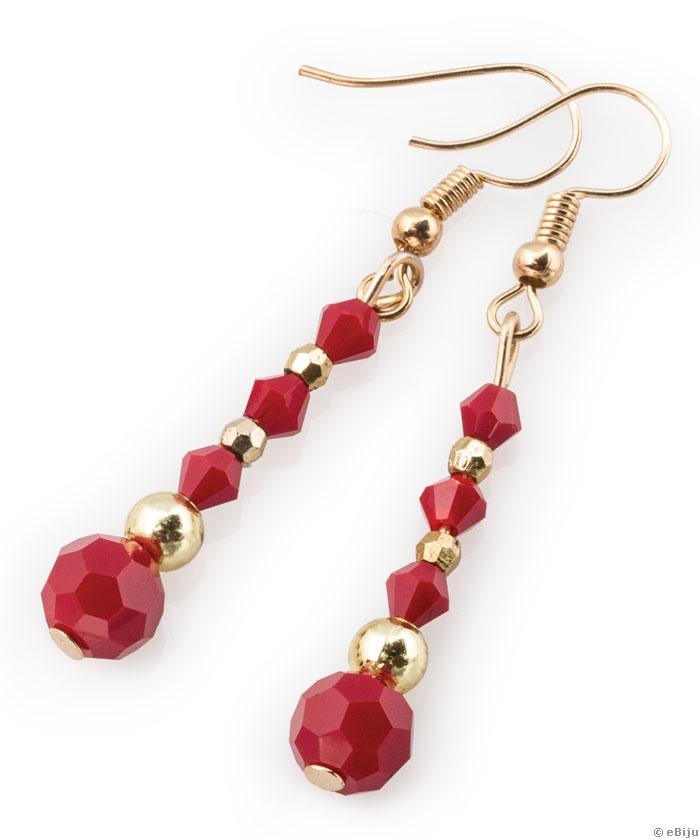 Piros kristályos fülbevaló aranyszínű gyöngyökkel