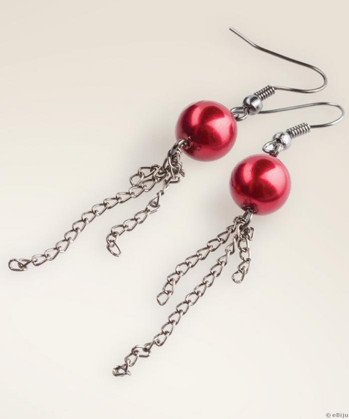 Piros üveggyöngy fülbevaló, ezüstszínű lánccal