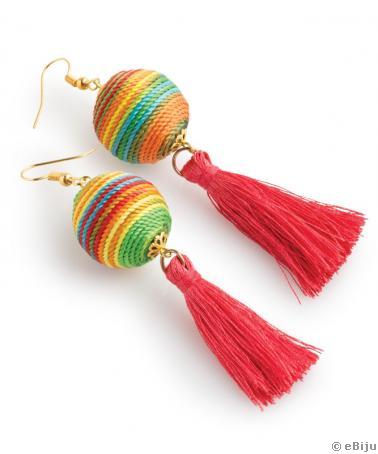 ‘Rainbow’ fülbevaló, színes textil szálas gyönggyel és bojttal