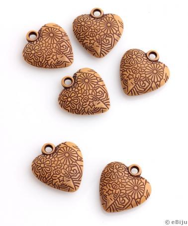 Szív formájú akril gyöngy, barna, függő forma, 2.2 x 2.4 cm