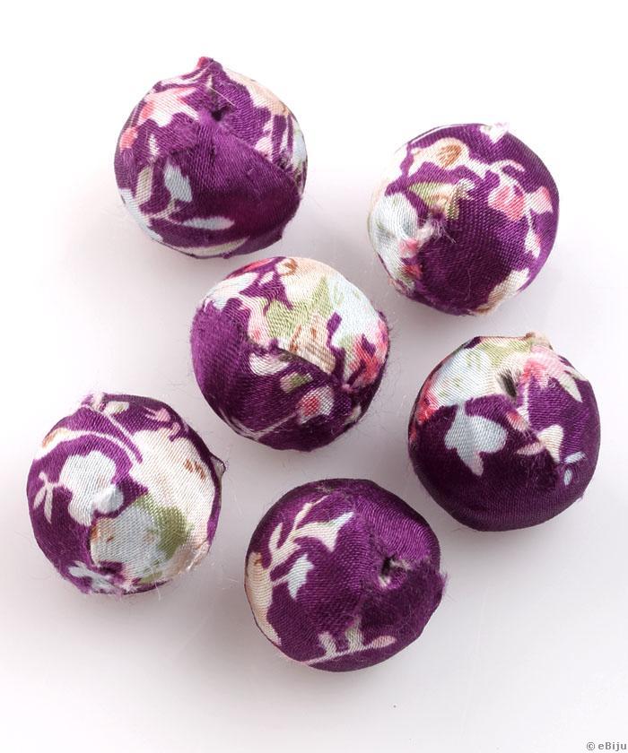 Textil anyaggal bevont gyöngy, lila virágmintás, gömb forma, 2 cm