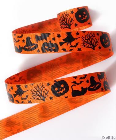 Textilszalag, narancssárga, Halloween minták, 2.5 cm