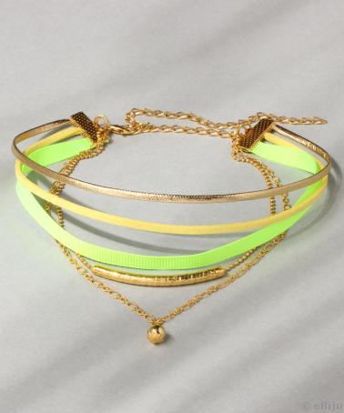 Többsoros choker; neonzöld, aranyszínű és sárga